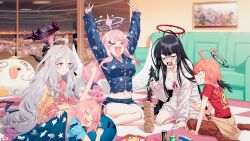  >_< 5girls ahoge alternate_costume alternate_hairstyle angel_wings artist_name black_hair black_wings blanket blew_andwhite blue_archive character_doll chips_(food) cityscape closed_mouth commentary_request dated demon_horns demon_wings doll drooling fang feathered_wings food gloom_(expression) grey_hair grimace halo highres hina_(blue_archive) horns hoshino_(blue_archive) indoors jenga light_blush long_hair medium_hair messy_hair mika_(blue_archive) monster_energy multiple_girls neru_(blue_archive) night on_floor open_mouth orange_hair pajamas peroro_(blue_archive) pink_hair polka_dot polka_dot_pajamas potato_chips print_shirt red_shirt saliva shirt signature sitting sleeping sleepover sleepwear smile stuffed_whale t-shirt trait_connection tsurugi_(blue_archive) v very_long_hair wavy_hair white_wings wings yokozuwari 