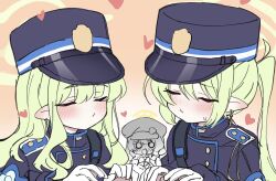  3girls aoba_(blue_archive) black_hat black_jacket blonde_hair blue_archive blush chinese_commentary closed_eyes commentary_request earrings facing_viewer gloves green_hair green_halo hair_between_eyes halo hat heart highres hikari_(blue_archive) jacket jewelry kiss long_hair long_sleeves looking_at_viewer meng_yin multiple_girls nozomi_(blue_archive) o_o peaked_cap pink_background pointy_ears pov puckered_lips siblings sidelocks simple_background sisters sketch twins twintails upper_body wavy_hair white_gloves yellow_halo 