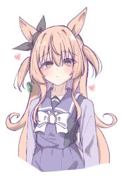  1girl animal_ears blush bow bowtie breasts brown_ribbon collarbone commentary ear_bow ear_ribbon hair_between_eyes heart horse_ears horse_girl long_hair long_sleeves looking_at_viewer mayano_top_gun_(umamusume) orange_eyes orange_hair pleated_skirt purple_sailor_collar purple_serafuku purple_shirt purple_skirt ribbon sailor_collar sailor_shirt school_uniform serafuku shirt simple_background skirt small_breasts solo tofu_thunder tracen_school_uniform two_side_up umamusume white_bow white_bowtie 