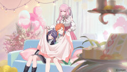  3girls :d apron aqua_apron balloon black_dress blanket blunt_bangs braid choker closed_eyes clothing_cutout copyright_name copyright_notice crown_braid curly_hair dirndl dress feathers flower frilled_apron frilled_choker frilled_shirt frills fucodoku german_clothes gloves gradient_hair green_dress green_feathers green_hair hair_flaps hair_flower hair_ornament hashtag-only_commentary head_on_another's_shoulder heart_balloon holding holding_blanket holding_flower hololive hololive_english holomyth indoors long_hair long_sleeves looking_at_another mole mole_under_eye mori_calliope mori_calliope_(kawaiiope) multicolored_hair multiple_girls ninomae_ina'nis ninomae_ina'nis_(pastry_chef) official_alternate_costume official_alternate_hairstyle official_art open_mouth orange_hair pinafore_dress pink_eyes pink_hair pink_skirt pointy_ears puffy_long_sleeves puffy_sleeves purple_hair see-through_clothes see-through_sleeves shirt shirt_tucked_in short_sleeves shoulder_cutout side_ponytail sidelocks sitting skirt sleeping sleeveless sleeveless_dress smile standing swept_bangs takanashi_kiara takanashi_kiara_(dirndl) tentacle_hair virtual_youtuber waist_apron white_apron white_choker white_gloves white_shirt 