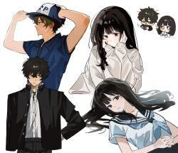  1boy 1girl black_sailor_collar blue_shirt chitanda_eru commentary_request gakuran highres hyouka kamiyama_high_school_uniform_(hyouka) long_hair multiple_views oreki_houtarou own_hands_clasped own_hands_together sailor_collar school_uniform serafuku shirt short_hair sweater upper_body white_shirt white_sweater yuuhi_mari 