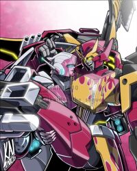  1boy 1girl arcee blue_eyes blush carrying closed_mouth dated highres kairito10 looking_at_another open_mouth princess_carry robot rodimus_prime signature transformers transformers:_generation_1 watermark yellow_eyes 