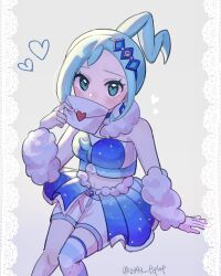  0393_piplup 1girl aqua_eyes aqua_hair arm_warmers blue_skirt blush commentary covering_own_mouth crop_top english_commentary envelope eyelashes hair_ornament heart highres holding holding_envelope lisia_(pokemon) looking_at_viewer mega_stone midriff mixed-language_commentary navel pokemon pokemon_oras ponytail shorts shorts_under_skirt showgirl_skirt single_thighhigh skirt solo thigh-highs twitter_username valentine white_arm_warmers white_shorts 