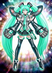  1girl aqua_eyes aqua_hair aqua_necktie armor black_thighhighs boots breastplate clenched_hands commentary halo hatsune_miku highres lens_flare long_hair looking_at_viewer mechanical_arms necktie power_suit redesign see-through_clothes shoulder_armor skirt smile solo thigh-highs thigh_boots tube vocaloid yamaha yusao 