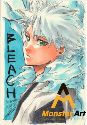  1boy absurdres bleach commentary copyright_name dated expressionless from_side green_eyes haori highres hitsugaya_toushirou ice japanese_clothes male_focus marker monster_art_(rlawnsgr7) portrait shihakusho signature solo taichou_haori watermark white_hair 