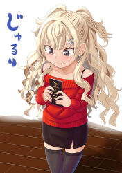  1girl aged_down black_skirt black_thighhighs blonde_hair candy chocolate chocolate_bar commentary_request food green_eyes highres kantai_collection long_hair minneapolis_(kancolle) minneapolis_(setsubun)_(kancolle) nekotarou_(nktr299) off-shoulder_sweater off_shoulder official_alternate_costume red_sweater skirt solo sweater thigh-highs translation_request two_side_up wavy_hair 