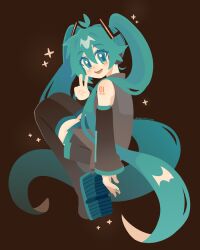  1girl absurdly_long_hair aqua_eyes aqua_hair black_skirt blush boots brown_background commentary detached_sleeves from_side full_body grey_shirt grey_skirt grey_sleeves grey_thighhighs hand_up hatsune_miku long_hair looking_at_viewer number_tattoo open_mouth projecttiger shirt shoulder_tattoo simple_background skirt sleeveless smile solo sparkle tattoo teeth thigh-highs turning_head twintails untranslatable_commentary upper_teeth_only v very_long_hair vocaloid 