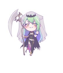  1girl absurdres anklet antlers arm_at_side armlet black_cape black_dress black_shoes black_thighhighs black_tiara blue_dress bracer braid braided_bangs cape ceres_fauna ceres_fauna_(1st_costume) commentary cosplay detached_sleeves double-parted_bangs dress english_commentary full_body gold_shoes green_hair grin hair_between_eyes hand_up hat high_heels highres holding holding_scythe holding_weapon hololive hololive_english horns jewelry long_dress long_hair long_sleeves mori_calliope mori_calliope_(1st_costume) pumps scythe see-through_clothes see-through_sleeves see-through_veil sher_(imnotsher) shoes side_slit simple_background single_detached_sleeve single_thighhigh sleeveless sleeveless_dress smile solo straight_hair thigh-highs tiara torn_cape torn_clothes two-veil veil virtual_youtuber weapon white_background yellow_eyes 