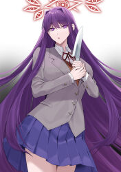  1girl :o blazer blue_skirt collared_shirt contrapposto doki_doki_literature_club doki_doki_literature_club_school_uniform hair_between_eyes highres holding holding_knife holding_own_hand jacket knife long_hair long_sidelocks looking_at_viewer neck_ribbon orange_vest purple_hair ribbon school_uniform shirt sidelocks skirt solo too_many_eyes tyaaaaaaba vest violet_eyes white_shirt yuri_(doki_doki_literature_club) 