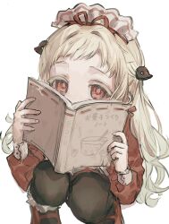 1girl blonde_hair blush book colored_eyelashes commentary_request covering_face fur-trimmed_shoes gradient_hair hair_ornament hashtag-only_commentary headdress highres holding holding_book jibaku_shounen_hanako-kun long_hair long_sleeves looking_at_viewer magatama multicolored_hair nagamemameko pantyhose red_eyes red_ribbon red_shirt red_shoes ribbon shirt shoes short_bangs simple_background solo squatting white_background yashiro_nene 