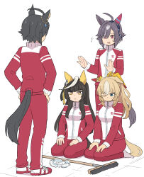  4girls :| ahoge animal_ears aqua_eyes behind_another believe_(umamusume) black_hair blonde_hair broken broom calstone_light_o_(umamusume) closed_mouth commentary_request durandal_(umamusume) ear_covers ears_down eyes_visible_through_hair flying_sweatdrops fuji_kiseki_(umamusume) grey_hair hair_over_one_eye hairband hand_rest hands_on_own_hips hands_up highres horse_ears horse_girl horse_tail jacket kumamoto_aichi long_hair looking_at_another looking_at_object multicolored_hair multiple_girls one_eye_closed pants parted_bangs raised_inner_eyebrows red_eyes scolding seiza shoes short_hair single_ear_cover sitting standing tail tracen_training_uniform track_jacket track_pants track_suit two-tone_hair umamusume very_long_hair zipper zipper_pull_tab 