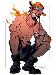  1boy ^_^ arm_tattoo black_hair black_shorts boots bracelet closed_eyes fire freckles full_body hat hat_over_one_eye jewelry log_pose male_focus necklace one_piece orange_hat pearl_necklace portgas_d._ace short_hair shorts smile solo squatting tarragon tattoo topless_male twitter_username 