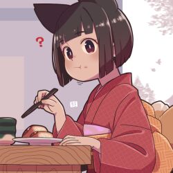  1girl :t ? animal animal_ears bird brown_eyes brown_hair chopsticks closed_mouth commentary_request cup eating food food_on_face fox_ears fox_girl fox_tail hand_up holding holding_chopsticks japanese_clothes kimono kitsune kukuri_(mawaru) long_sleeves looking_at_viewer mawaru_(mawaru) obi original red_kimono sash short_hair solo steamed_bun tail wide_sleeves yunomi 
