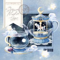  black_tea carousel clouds commentary_request crescent_moon cup highres horse mashiro_musashi moon no_humans original signature still_life tea teacup teapot 