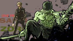  2boys bandana black_suit blood blood_on_face character_name cigarette commentary copyright_name dated facial_hair goatee hand_in_pocket haramaki highres japanese_clothes katsumi_ishizuka kimono looking_to_the_side male_focus multiple_boys on_one_knee one_piece red_eyes roronoa_zoro sanji_(one_piece) stitched_torso stitches suit sword_in_mouth topless_male weapon_in_mouth 