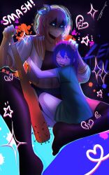  2girls absurdres aubrey_(faraway)_(omori) aubrey_(headspace)_(omori) aubrey_(omori) baseball_bat black_thighhighs blue_eyes blue_hairband blue_shirt blue_skirt blush bow choccymilk303 colored_skin commentary crop_top crying denim denim_skirt dual_persona english_commentary engrish_commentary hair_bow hairband hand_on_another's_head highres holding holding_baseball_bat hug jacket long_hair long_shirt looking_at_viewer multiple_girls nail_(hardware) nail_bat omori one_eye_closed open_clothes open_jacket open_mouth parted_lips pink_bow pink_hair purple_hair shaded_face shirt short-sleeved_jacket short_sleeves skirt t-shirt thigh-highs violet_eyes white_jacket white_skin 