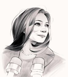  1girl colehairlesscat english_commentary highres kamala_harris medium_hair microphone politician portrait real_life smile solo white_background 