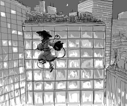  1girl bowler_hat building crescent_moon floating from_side greyscale hat hat_ribbon heart heart_of_string highres komeiji_koishi long_sleeves medium_hair monochrome moon outdoors ribbon shirt shoes skirt sky skyscraper solo super-flat-world touhou urban walking wide_shot wide_sleeves 