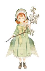  1girl bonnet boots bow branch commentary double_bun dress feathered_wings green_dress green_eyes hair_bun hinata_(echoloveloli) holding holding_branch original plant_request red_hair untranslatable_commentary white_background wings 