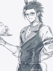  1boy 3wa_tari animal_ears arm_behind_back black_hair black_pants black_vest blue_cross_tie blue_eyes butler buttons collared_shirt cross_scar double-breasted final_fantasy final_fantasy_vii final_fantasy_vii:_ever_crisis gloves hair_slicked_back highres holding holding_plate kemonomimi_mode looking_at_viewer male_focus medium_hair monocle official_alternate_costume pants plate rabbit_boy rabbit_ears rabbit_tail round_eyewear scar scar_on_cheek scar_on_face shirt sideburns smile solo tail teapot twitter_username vest waistcoat white_background white_gloves white_shirt zack_fair zack_fair_(bunny_butler) 