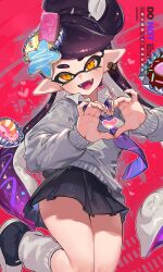  1girl black_hair black_shoes black_skirt callie_(splatoon) collared_shirt commentary_request cross-shaped_pupils earrings fangs food food_on_head gradient_hair grey_sweater heart heart_hands highres inkling jewelry jinkoika long_hair long_sleeves looking_at_viewer mole mole_under_eye multicolored_hair necktie object_on_head open_mouth pink_background pink_necktie pleated_skirt pointy_ears purple_hair purple_necktie school_uniform shirt shoes single_earring skirt smile socks solo splatoon_(series) striped_clothes striped_necktie sweater symbol-shaped_pupils tentacle_hair two-tone_necktie very_long_hair white_shirt white_socks yellow_eyes 