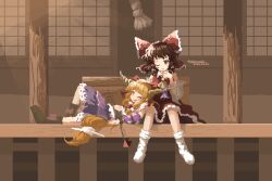  02charaice20 2girls absurdres ascot blonde_hair boots bow box brown_boots brown_eyes brown_hair brown_horns commentary detached_sleeves donation_box english_commentary frilled_bow frilled_hair_tubes frills gourd hair_bow hair_tubes hakurei_reimu headpat highres horn_ornament horn_ribbon horns ibuki_suika long_hair multiple_girls one_eye_closed oni open_mouth pixel_art purple_skirt red_bow red_skirt ribbon ribbon-trimmed_sleeves ribbon_trim shirt sitting skirt skirt_set smile socks touhou white_shirt white_socks yellow_ascot yellow_eyes 