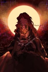  1girl backlighting bead_necklace beads closed_eyes commentary_request expressionless full_body highres hijiri_byakuren hokkai indian_style jewelry kaigen_1025 long_hair makai_(touhou) meditation monk necklace own_hands_together robe sitting solo sun touhou 