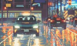  building car city commentary_request highres motor_vehicle night no_humans original outdoors road traffic_light yoshiki_(yuki) 