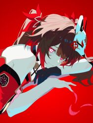  1girl arm_rest bare_shoulders bell black_choker black_hair blunt_bangs choker circle_facial_mark commentary detached_sleeves dress facial_mark fox_mask hair_ornament hair_ribbon head_rest highres honkai:_star_rail honkai_(series) light_smile looking_at_viewer mark_under_both_eyes mask mask_on_head mole mole_under_each_eye mole_under_eye multiple_moles pink_eyes red_background red_dress red_ribbon red_sleeves ribbon short_sleeves simple_background sleeveless sleeveless_dress solo sparkle_(honkai:_star_rail) symbol_in_eye twintails upper_body yu_151yu 