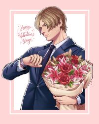  1boy apeo0r black_necktie blonde_hair blue_eyes blue_jacket border bouquet checking_watch closed_mouth collared_shirt flower furrowed_brow happy_valentine highres holding holding_bouquet jacket leon_s._kennedy light_frown lily_(flower) male_focus necktie parted_bangs pink_border pink_flower red_flower red_rose resident_evil rose shirt short_hair solo suit_jacket upper_body watch watch white_background white_shirt 