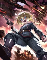  1girl absurdres ahoge baggy_pants belt black_belt black_boots blonde_hair blue_eyes boots buttons clenched_hand clouds cloudy_sky english_commentary evil_smile explosion fingernails fire gem green_jacket green_pants gun hair_between_eyes hand_up handgun high_ponytail highres holding holding_gun holding_weapon huge_ahoge jacket jewelry long_sleeves looking_at_viewer looking_down medal military military_jacket military_uniform open_mouth outdoors pants pendant ponytail red_gem sharp_teeth short_hair sky smile solo standing tanya_degurechaff teeth tongue toujou_chika v-shaped_eyebrows weapon youjo_senki 