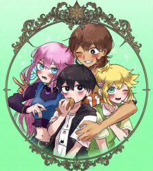  1girl 3boys alternate_costume antenna_hair aubrey_(faraway)_(omori) aubrey_(omori) basil_(faraway)_(omori) basil_(omori) black_eyes black_hair blonde_hair blue_eyes blush bracelet bright_pupils brown_hair collared_shirt commentary_request crop_top dark-skinned_male dark_skin double-parted_bangs flower food germany_omori gradient_background green_background green_sweater_vest hair_between_eyes hair_flower hair_ornament heart heart_necklace jewelry kel_(faraway)_(omori) kel_(omori) long_hair long_sleeves lower_teeth_only multiple_boys navel necklace omori one_eye_closed open_mouth pink_hair shirt short_hair short_sleeves sunny_(omori) sweater_vest t-shirt taiyaki teeth upper_teeth_only v wagashi white_pupils white_shirt 