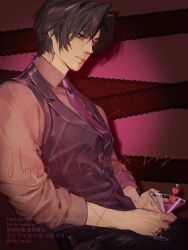 1boy black_pants blue_eyes brown_hair closed_mouth cocktail_glass collared_shirt cup drinking_glass final_fantasy final_fantasy_viii grey_shirt grey_vest hair_between_eyes happy_valentine highres holding holding_cup lace_trim male_focus necktie nini_tw99 pants parted_bangs pink_necktie scar scar_on_face scar_on_forehead shirt sleeves_rolled_up solo squall_leonhart twitter_username upper_body vest waistcoat 