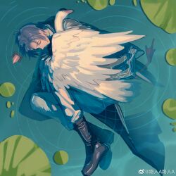  1boy afloat bird black_boots black_cape blue_hair boots cape chinese_commentary clarence_clayden clarence_clayden_(book_of_tales) closed_eyes closed_mouth commentary_request crabwzzzz crown curtained_hair feathered_wings fetal_position full_body grey_pants highres lily_pad lovebrush_chronicles male_focus mole mole_under_eye pants pants_tucked_in profile ripples short_hair solo swan unworn_crown water watermark weibo_watermark white_wings winged_arms wings 