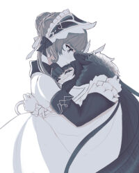  2girls bare_shoulders black_collar black_hair black_sleeves blush bonnet bow brown_hair closed_eyes closed_mouth coat collar columbina_(genshin_impact) detached_collar detached_sleeves eun_tae_sik eye_mask fatui_coat fur-trimmed_coat fur_hood fur_trim genshin_impact hair_bow hair_bun hair_ornament hand_on_another's_back head_on_chest head_wings headdress highres hug korean_commentary long_hair long_sleeves mask multiple_girls multiple_wings partially_colored ribbon sandrone_(genshin_impact) see-through_clothes see-through_mask short_hair_with_long_locks simple_background very_long_hair white_background white_coat white_headdress white_mask white_wings winding_key wing_hair_ornament wings winter_clothes winter_coat wrist_bow x-shaped_eyewear yuri 