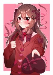  1girl absurdres adapted_costume ahoge bag blush border bow bowtie box box_of_chocolates broken_heart broken_heart_hair_ornament brown_bag brown_hair buttons cardigan closed_mouth collared_shirt cowboy_shot english_commentary evil_neuro-sama fashaeli foreshortening furrowed_brow hair_between_eyes hair_bow hair_ribbon heart heart-shaped_box heart_button highres holding_strap incoming_gift long_hair looking_at_viewer o3o outline outside_border outstretched_arm pink_background red_bow red_bowtie red_cardigan red_eyes red_nails red_ribbon ribbon school_uniform shirt shoulder_bag single_hair_intake sleeve_bow solo torn_bowtie tress_ribbon tsundere two_side_up v-shaped_eyebrows valentine vedal_ai white_border white_outline white_shirt 