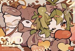  1girl antenna_hair bandaid bandaid_on_cheek bandaid_on_face bandaid_on_leg bare_shoulders blush bow brown_shorts brown_slippers brown_sweater commentary diamond-shaped_pupils diamond_(shape) full_body green_hair hair_bow halftone heart_cushion jitome legs_up looking_at_viewer loose_socks lying messy_hair mid_(doa_3d) off_shoulder on_stomach one_eye_closed orange_eyes original short_hair shorts slippers socks solo stuffed_animal stuffed_toy sweater symbol-shaped_pupils teddy_bear untranslatable_commentary 