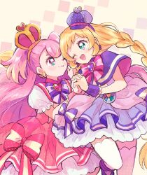  2girls ;3 ;d arched_crown blonde_hair blue_eyes bow bowtie braid brooch capelet commentary crown cure_friendy cure_wonderful dress dutch_angle earrings flat_cap hair_bow hairband hat hat_ornament heart heart_brooch heart_hat_ornament highres holding_hands interlocked_fingers inukai_komugi jewelry leg_up long_hair looking_at_another magical_girl medium_dress mini_crown mini_hat multicolored_hair multiple_girls one_eye_closed open_mouth pact_holder petticoat pink_bow pink_bowtie pink_hair precure puffy_short_sleeves puffy_sleeves purple_bow purple_bowtie purple_capelet purple_hat red_bow red_capelet red_crown red_dress short_sleeves smile sorashinakei_k standing tilted_headwear twin_braids two-tone_hair two_side_up wonderful_precure! wrist_cuffs yellow_hairband 