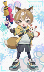  1other ahoge animal_ear_fluff animal_ears animal_on_shoulder blue_leggings blue_shoes bracelet brown_eyes brown_hair commentary commission drawstring fang fox fox_ears fox_tail full_body green_eyes grey_shorts heterochromia highres holding holding_weapon hood hood_down hooded_jacket hoodie jacket jacket_over_hoodie jewelry layered_sleeves leggings leggings_under_shorts long_sleeves looking_at_viewer multicolored_shoes octoling octoling_player_character open_mouth other_focus puchiman shoes short_hair short_over_long_sleeves short_sleeves shorts smile splatoon_(series) splattershot_(splatoon) standing tail tentacle_hair undershirt untranslatable_commentary watermark watermark_grid weapon white_hoodie white_shoes yellow_jacket yellow_shoes 