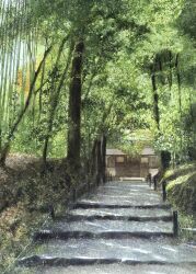  bamboo building commentary_request dappled_sunlight day highres kyoto no_humans original outdoors painting_(medium) scenery stairs sunlight traditional_media tree watanabe_masato watercolor_(medium) 