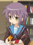  blush cardigan chicken_nuggets eating hazel_eyes ixy nagato_yuki purple_hair school_uniform short_hair suzumiya_haruhi_no_yuuutsu yellow_eyes 