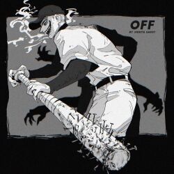  1boy baseball_bat baseball_cap baseball_uniform belt black_border border commentary_request copyright_name cowboy_shot creator_name extra_arms greyscale hat horror_(theme) male_focus monochrome nail_(hardware) nail_bat narrowed_eyes neg_50asu off_(game) shadow sharp_teeth solo sportswear teeth the_batter_(off) 