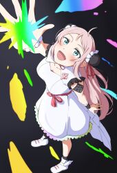  1girl absurdres ahoge birthday black_background blue_eyes blush breasts collarbone commentary from_above full_body highres large_breasts long_hair love_live! love_live!_nijigasaki_high_school_idol_club mole mole_under_eye phoenix_(love_live!) pink_hair solo uchuu_no_mozuku zhong_lanzhu 