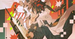  1boy anton_ivanov black_gloves coat coat_on_shoulders drill fingerless_gloves gloves headband jacket looking_at_viewer male_focus multicolored_hair red_streaks short_hair solo spiky_hair streaked_hair striped_headband upper_body white_jacket yolk72 zenless_zone_zero 