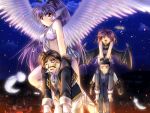  angel_wings carrying choker closed_eyes demon demon_girl facial_hair facial_mark feathers flying forehead_mark game_cg head_wings kity_saifuon long_hair lucy_fouque men_at_work!_2 men_at_work2 midriff mustache night pink_hair ponytail purple_hair red_eyes short_hair sky studio_ego very_long_hair wings yamamoto_kazue 