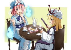  2girls blonde_hair blue_hat blue_kimono blue_necktie blue_sash checkerboard_cookie commentary_request cookie cup dress eating folding_fan food hand_fan hat hat_ribbon hitodama holding holding_cup holding_fan inuno_rakugaki japanese_clothes kimono long_hair long_sleeves mob_cap multiple_girls necktie obi open_mouth pink_eyes pink_hair purple_tabard red_nails red_ribbon ribbon saigyouji_yuyuko sash saucer short_hair sitting tabard table tea teacup touhou triangular_headpiece violet_eyes wafer_stick white_dress wide_sleeves yakumo_yukari 