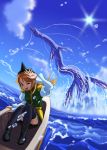  boots brown_eyes brown_hair dragon final_fantasy final_fantasy_iii hat leviathan_(final_fantasy) open_mouth refia smile tacoon thigh-highs thighhighs water wink 