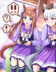  ! !! 2girls ? absurdres animal_ears blue_eyes blunt_bangs blush bow bowtie breasts brown_hair brown_hat collarbone commentary_request controller ear_bow ear_ribbon game_controller gold_ship_(umamusume) grass_wonder_(umamusume) grey_hair hat highres holding holding_controller holding_game_controller horse_ears horse_girl horse_tail kneehighs long_hair long_sleeves multicolored_hair multiple_girls open_mouth pakatube pillbox_hat pleated_skirt purple_bow purple_sailor_collar purple_serafuku purple_shirt purple_skirt purple_socks sailor_collar sailor_shirt school_uniform serafuku shirt sitting skirt smile socks speech_bubble spoken_exclamation_mark spoken_question_mark sweatdrop tail torinosukei tracen_school_uniform umamusume violet_eyes white_bow white_bowtie white_hair 