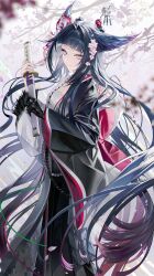  1girl absurdres arknights bird_girl black_gloves black_hair black_kimono blue_eyes chest_sarashi chungla commentary_request flower gloves gradient_hair hair_flower hair_ornament hair_wings highres japanese_clothes kanzashi kimono long_hair looking_at_viewer mio_(arknights) multicolored_hair obiage pink_hair sarashi single_glove solo sword two-tone_kimono wakizashi weapon white_kimono 