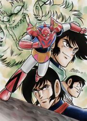  4boys arm_blade armor beard black_hair blue_armor commentary_request demon_horns emperor_burai evil_smile facial_hair full_body getter_dragon getter_robo getter_robo_g green_scarf highres horns ishikawa_ken_(style) jin_hayato kuruma_benkei long_bangs long_beard long_hair looking_at_viewer male_focus mecha mecha_focus miroku_(miroku_t) multicolored_armor multiple_boys nagare_ryoma open_mouth pointy_ears profile red_armor red_eyes robot running scarf serious sharp_teeth short_hair sideburns smile super_robot teeth thick_eyebrows v-shaped_eyebrows weapon yellow_eyes 